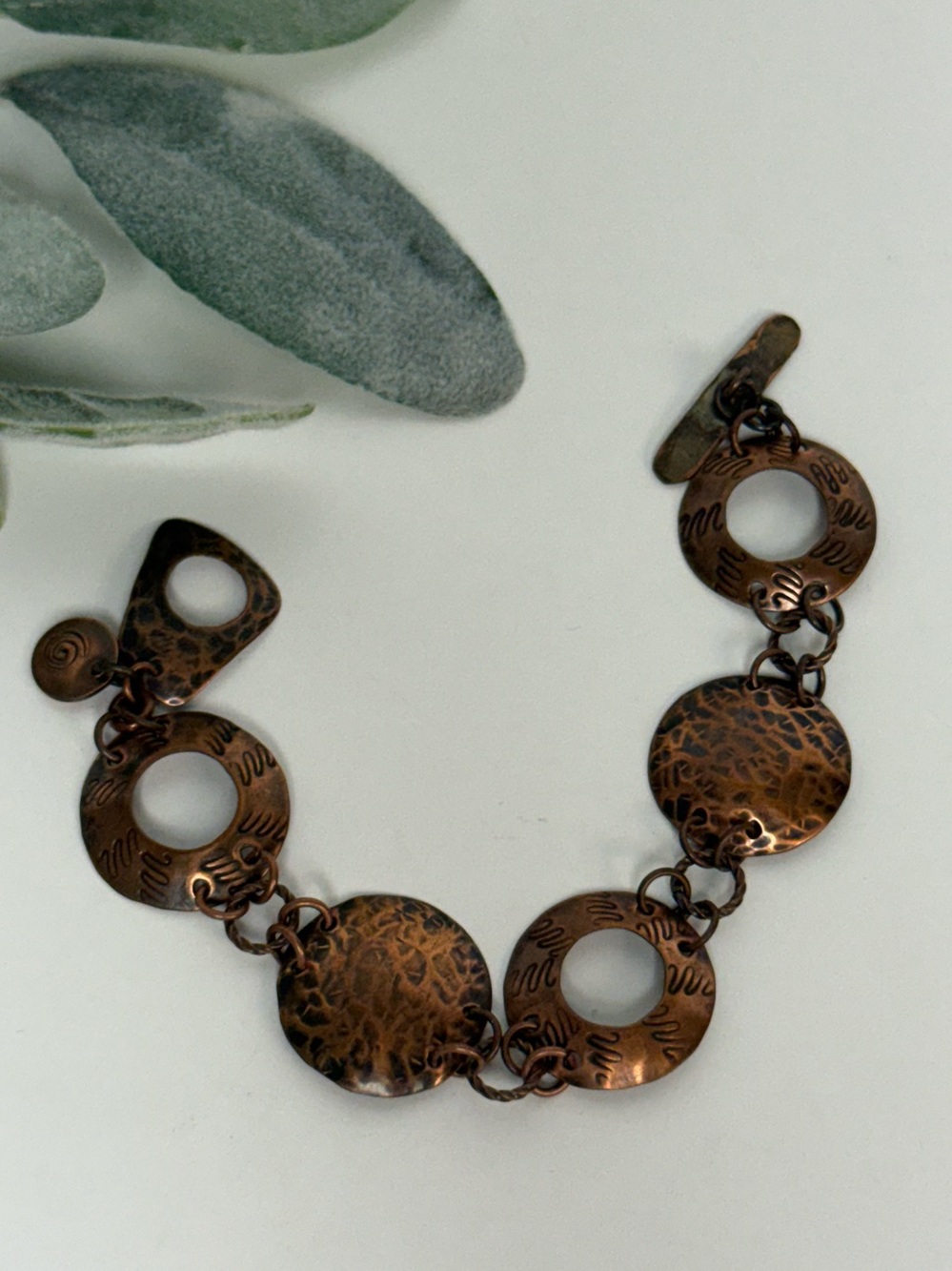 Handcrafted Hammered Copper Textured Disc Link Bracelet Metalwork Boho Rustic